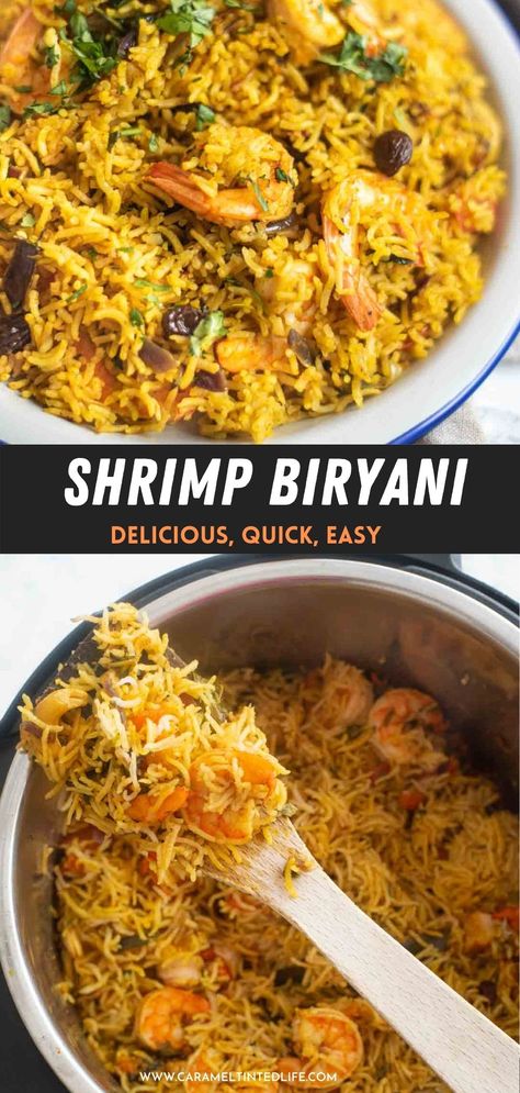 Shrimp Briyani Receipes, Shrimp Biryani Recipe Indian, Persian Shrimp And Rice, Prawns Biryani Indian, Shrimp And Basmati Rice Recipe, Instant Pot Shrimp And Rice, Basmati Rice Meals, Prawn Biryani Recipe Indian, Shrimp Biryani Recipe