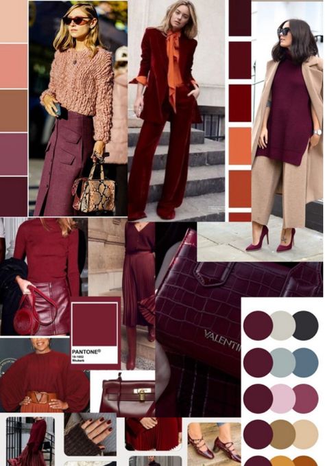 Burgundy is predicted to be the standout colour trend for 2024. It’s described as a versatile shade that can act as a new neutral. Cooler shades of burgundy with red and violet undertones are well-… Color Theory Fashion Outfit, Red 2024 Fashion, Colours To Wear With Brown, Cool Brown Outfit, Colors To Wear With Burgundy, Fall Winter Palette, Brick Red Color Palette Outfit, Colors To Wear In Winter, Burgundy Color Outfits