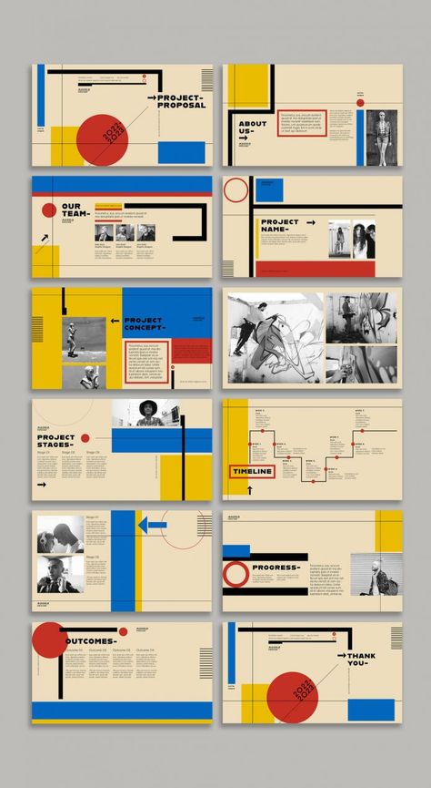 Bauhaus-Style Screen Presentation Template Bauhaus Book Design, Bauhaus Graphic Design Layout, Bauhaus Layout Design, Bauhaus Website Design, Branding Presentation Layout, Bauhaus Web Design, Product Presentation Layout, Graphic Design Presentation Layout, Graphic Design Powerpoint