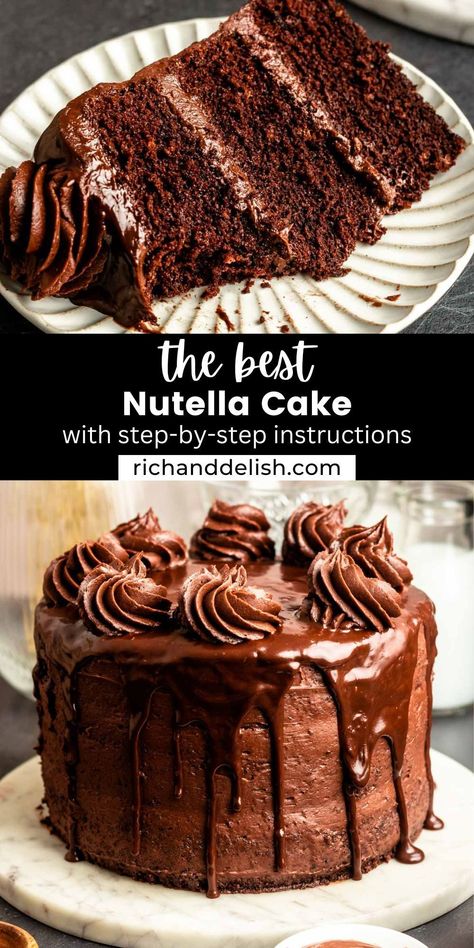 This incredible Nutella cake is made with chocolate hazelnut cake layers, frosted with Nutella buttercream, and topped with chocolate ganache. Chocolate Cake With Nutella Frosting, Chocolate Cake With Nutella Filling, Mug Cake Chocolate Chip, Smores Mug Cake, 2 Tier Chocolate Cake, Nutella Cake Recipes, Three Chocolate Cake, Cake Chocolate Peanut Butter, Chocolate Lava Mug Cake