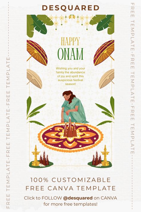 A free happy onam greeting designed on Canva with traditional Kerala elements like pukalam (pookkalam), onathappan, olakkuda, banana leaf and vilakku. It can be downloaded easily from Desquared's profile on Canva Onam Lunch Invite, Onam Templates, Onam Creatives, Onam Designs, Onam Poster Design, Onam Illustration, Onam Aesthetic, Onam Poster, Content Editing