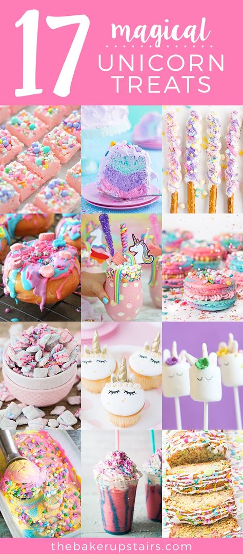 The Baker Upstairs: 17 Magical Unicorn Treats Alicorn Birthday Party, Party Snacks Birthday, Gökkuşaği Pasta, Unicorn Bday Party, Unicorn Party Food, Unicorn Desserts, Unicorn Treats, Unicorn Party Ideas, Unicorn Themed Birthday Party