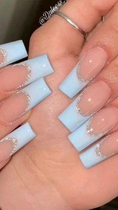 nail art Sky Blue French Tip 1.5, First Day Of School Nails Acrylic, Sky Blue French Tip Nails, Light Blue Nails French Tip, Light Blue French Tip Nails, Light Blue French Tip, Baby Blue French Tip, Baby Blue Acrylic Nails, Sweet 16 Nails