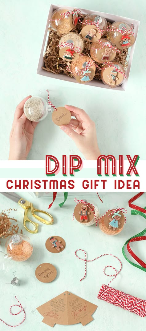 Creative Christmas gift idea. Fill clear ornaments with dip mix that you add to sour cream. It's creative and festive AND not sweet. Plus they can use it later in January. The tag says, "Dip Dip Hurray! It's Almost Christmas Day!" Free printable tag. Christmas gift ideas Christmas Dip Mix Gifts, Fill Your Own Christmas Ornaments, Diy Dip Mix Ornaments, Fill Christmas Ornaments, Ornament Dip Mix Gifts, Dip Mix Recipes Dry For Gifts Diy, Diy Dip Mixes Recipes Gifts, Dip Mixes In Ornaments, Dry Dip Mix Recipes For Gifts Sour Cream