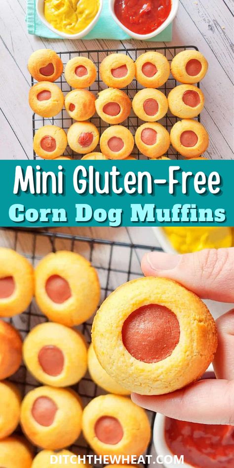 Have you ever thought gluten-free food could be as delicious as its regular counterpart? Meet our Mini Gluten Free Corn Dog Muffins. They're perfect for kid's lunches and afterschool snacks. Gluten Free Super Bowl Recipes, Party Food Gluten Free, Gluten Free Lunch Box Ideas, Gluten Free Super Bowl Food, Gluten Free Kids Snacks, Gluten Free Corn Dogs, Mini Corn Dog Muffins, Gluten Free Hot Dogs, Gluten Free School Lunches