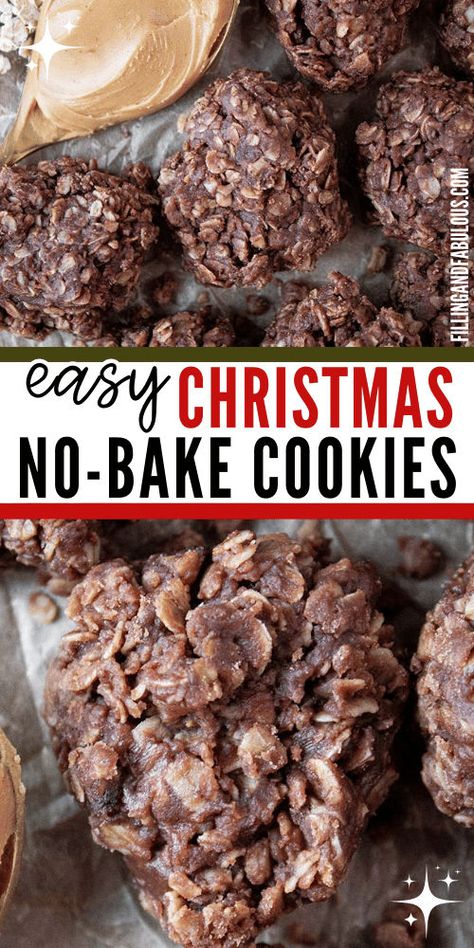 If you're looking for easy Christmas cookies recipes, you need to try these no-bake cookies! These Xmas cookies feature simple ingredients like cocoa powder, peanut butter, and oatmeal - and taste amazing! Non Baking Christmas Treats, No Bake Chocolate Cookies Recipe, No Bale Cookies, Easy Big Batch Christmas Cookies, O Bake Cookies, Christmas No Bake Recipes, No Bake Cookies Christmas, Christmas Cookies No Bake, Christmas Cookies For Exchange