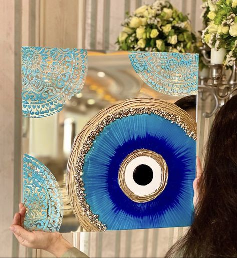 Mirror Painting Ideas, Diy Resin Wall Art, Evil Eye Wall Art, Resin Evil Eye, Eye Wall Art, Hamsa Art, Canvas Art Painting Acrylic, Evil Eye Art, Gold Art Painting