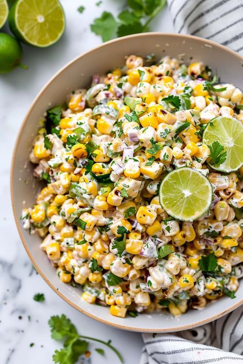 Mexican street corn salad has the perfect balance of smoky, spicy, tangy and creamy flavors. It's light, colorful, and ideal for summer grilling. Brazilian Corn Salad, Corn Salad For Tacos, Mexican Corn Bowl, Corn Cotija Salad, Corn Salad For Bbq, Spicy Corn Salad Recipe, Summer Mexican Side Dishes, Cold Street Corn Salad, Grilled Lemon Lime Corn Salad