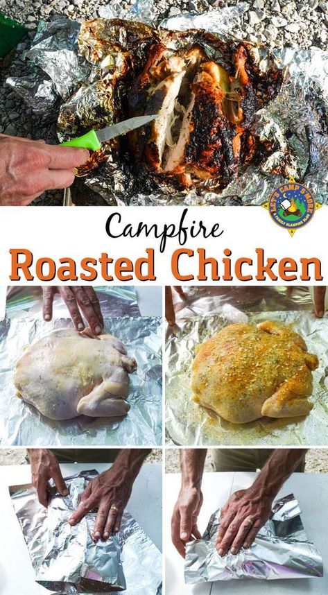 Whole Chicken Over Campfire, Campfire Chicken, Roasting A Whole Chicken, Keto Camping, Dutch Oven Camping Recipes, Campfire Meals, Camping Foods, Camping Dishes, Open Fire Cooking