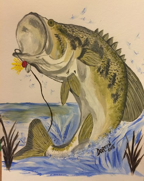 Bass Fish Painting Easy, Bass Fish Painting Acrylic Easy, Bass Painting Easy, Bass Painting, Sand Dollar Painting, Dollar Painting, Swamp Scene, Saw Painting, Fishing Painting