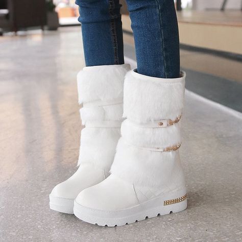 Thick Plush Waterproof Non-Slip Winter Snow Boots Boots For Women Luxury Ankle Platform Boots For Winter, Luxury High Heel Winter Booties, Luxury Heeled Boots For Winter Nights Out, Luxury Winter Mid-calf Boots With Stacked Heel, Black Winter Boots Kawaii, Luxury Elegant Winter Heeled Boots, White Fluff Boots, Luxury Ankle-high Platform Boots For Winter, Luxury Trendy Platform Boots For Winter