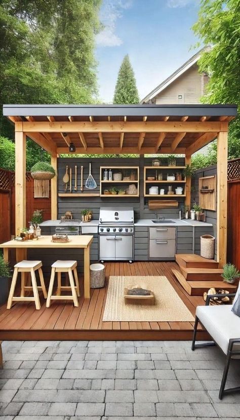 Simple Outdoor Grill Area, Outdoor Garden Kitchen, Diy Covered Outdoor Kitchen, Backyard Building Ideas, Step Ideas Outdoor, How To Build Outdoor Kitchen, Small Outdoor Kitchen Ideas Diy, Outside Cooking Area Ideas, Outdoor Cooking Area On A Budget