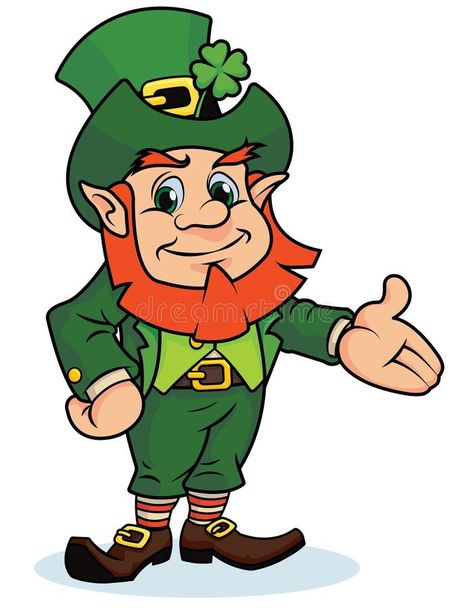 Happy Leprechaun With Arm Out. Happy, smiling, cartoon leprechaun with arm out presenting with black outlines isolated on a white background vector illustration Cartoon Leprechaun, Irish Pub Ideas, Leprechaun Pictures, Leprechaun Art, Cartoon Present, Bunting Template, St Patricks Day Wallpaper, St Patrick Day Treats, St Patricks Crafts