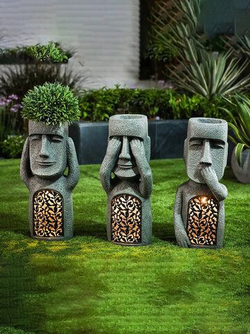 Planter Lighting, Garden Columns, Easter Island Statues, Bamboo Planter, Tiki Statues, Garden Wallpaper, Geek Decor, Flower Pot Garden, Easter Island