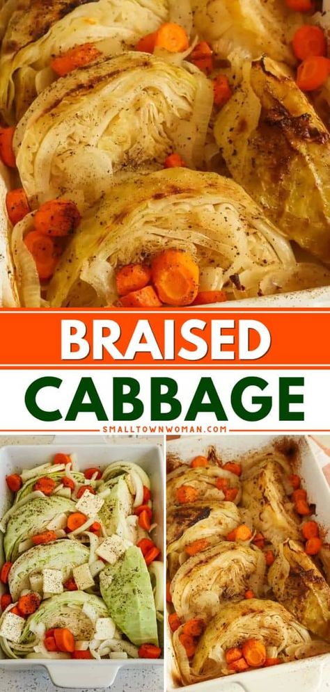 Give this simple veggie recipe a try! Made with carrots, onions, seasonings, plus a splash of vinegar, this oven braised cabbage is a tasty vegetable side dish for dinner. Pin this for later! Cabbage Carrots Potatoes, Braised Cabbage And Carrots, Cabbage Roll Recipes, Recipe With Carrots, Asparagus Carrots, Cabbage Dishes, Side Dish For Dinner, Celery Recipes, Small Town Woman