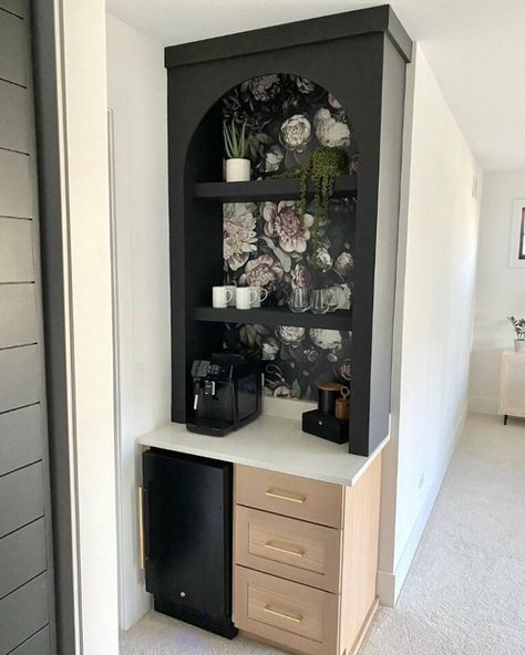 Coffee Bar Built In, Coffee Bar Inspiration, Lauren Burke, Black Mini Fridge, Built In Coffee Bar, Bar Nook, Coffee Cabinet, Coffee Bar Station, Coffee Bar Ideas