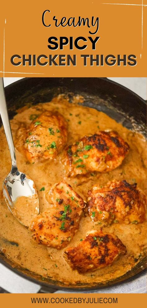 These creamy spicy chicken thighs are perfectly seasoned, juicy on the inside, and cook in under 20 minutes! I like to serve these with creamy mashed potatoes or garlic rice for a full meal. This is one of my favorite weeknight meals. It’s super easy to make, requires minimal ingredients, and it’s packed with flavor! And, you can easily adjust your spice level to your liking. Click through for all the details. Chicken Thigh Mashed Potatoes, Saucy Chicken Thigh Recipes, Creamy Chicken Thigh Recipes, Creamy Spicy Chicken, Spicy Chicken And Rice, Shrimp Stuffed Peppers, Spicy Chicken Thighs, Tiny Tacos, Philly Cheesesteak Sandwiches