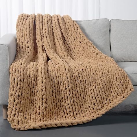 Amazon.com: Carriediosa Chunky Knit Throw Blanket 60" X 80" Twin, 100% Hand Made Large Chenille Loop Yarn Soft Fluffy Throws for Couch Sofa Bed, Big Crochet Cozy Heavy Thick Cable Woven Blanket, Tan Brown : Home & Kitchen Braided Sweater, Brown Throw Blanket, Big Crochet, Brown Blanket, Tassel Blankets, Chunky Knit Throw Blanket, Fuzzy Texture, Crochet Cozy, Afghan Throw Blanket