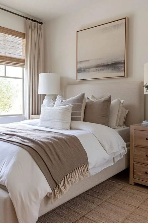 25 Modern Beige Bedroom Ideas for a Warm and Sophisticated Look - Roomy Retreat Beige Bed Frame Room Ideas, Beige Headboard Bedroom, Modern Beige Bedroom, Beige Bed Frame, Beige Bedroom Ideas, Apartment Bedrooms, Beige Headboard, Beige Room, Coastal Bedroom Decorating