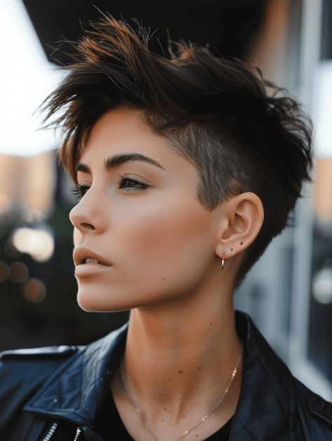 Short Female Haircut With Bangs, Rocker Pixie Haircut, Long Pixie Mullet, Masculine Pixie Cut, Short Butch Haircut, Pixie Mohawk Shaved Sides, Short Hairstyles 2024 Trends, Queer Short Haircuts, Butch Haircuts Women