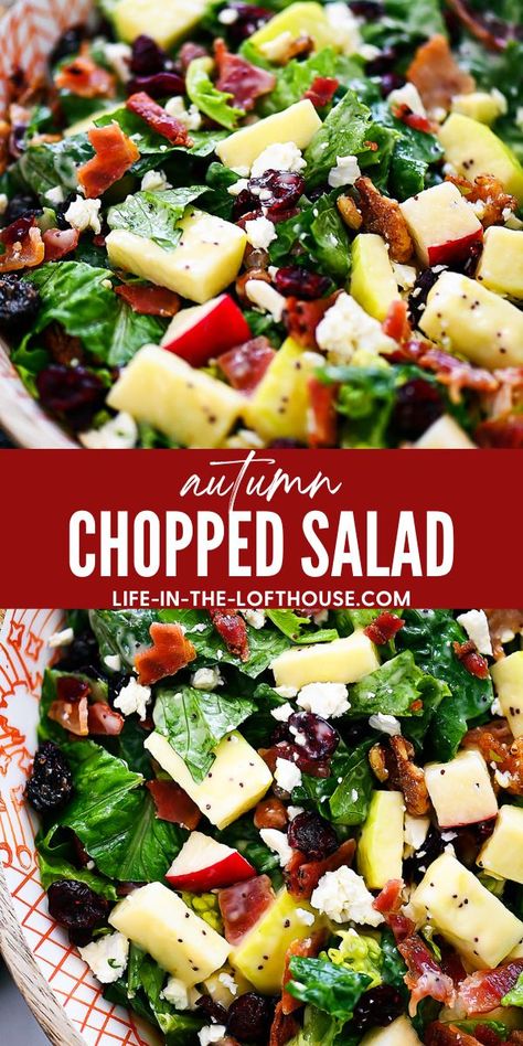 Autumn chopped salad is filled with chopped leafy greens, apples, cranberries, bacon, pecans and feta cheese. Life-in-the-Lofthouse.com Chopped Salad With Apples, Harvest Chopped Salad, Pampered Chef Salad Recipes, Chopped Fall Pasta Salad, 7 Layer Salad No Peas, Fall Salad Recipes Thanksgiving, Healthy Thanksgiving Salad Recipes, Salads To Go With Pork, Thanksgiving Day Salad Recipes