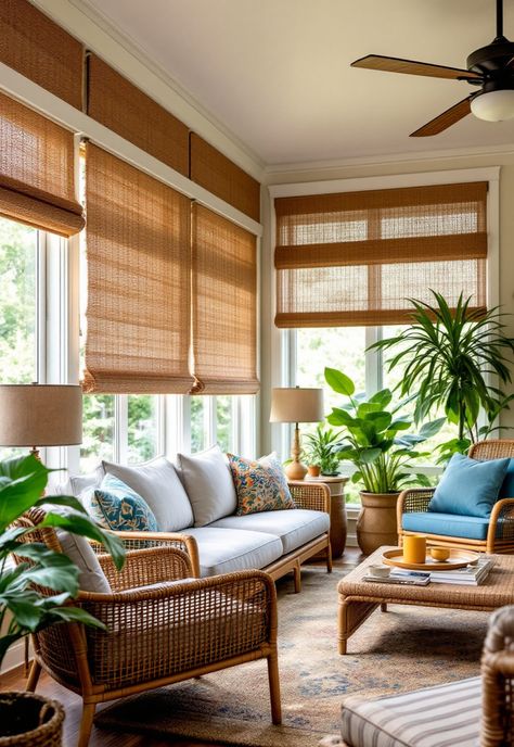 Boho Window Treatments Bohemian Window Blinds, Modern Boho Window Treatments, Boho Window Shades, Earthy Window Treatments, Boho Window Treatments Living Room, Boho Living Room Window, Hawaii Homes Interior, Window Treatments Boho, Boho Blinds