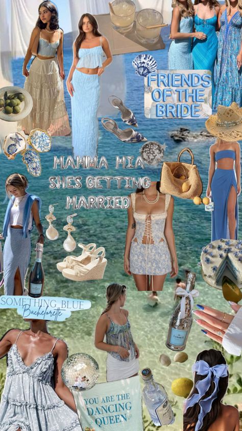 mamma mia aesthetic, something blue, mamma mia bachelorette theme, blue and white theme, blue and white decor, blue aesthetic, mediterranean aesthetic, bachelorette theme Aesthetic Bachelorette, Bachelorette Outfit Themes, Aesthetic Mediterranean, White Bachelorette Party Outfit, Mamma Mia Aesthetic, Mamma Mia Wedding, Mia Aesthetic, Blue And White Decor, Bachelorette Theme