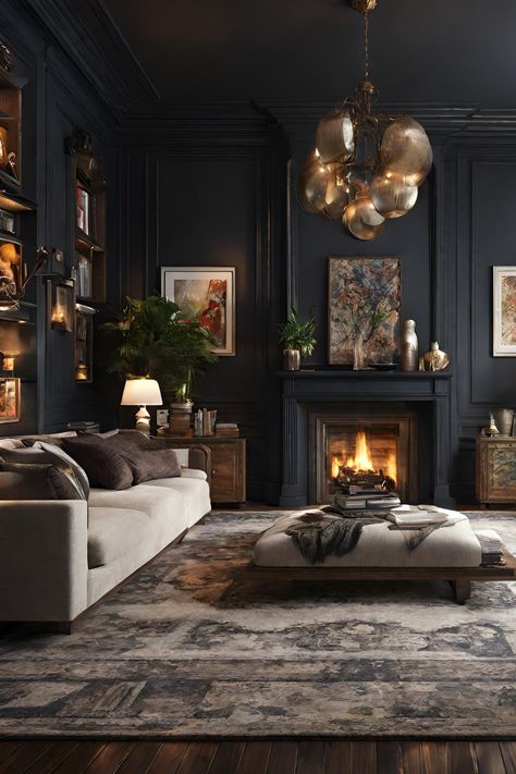 🏡 Explore the allure of Airi Studio's dark and moody living room. An exquisite blend of elegance and mystery, this space captivates the senses. ✨ #LivingRoomGoals #DarkDecor #AiriStudio #MoodyInteriors #InteriorDesignInspo #HomeDecorIdeas #ElegantLiving #InteriorInspiration #CozyLiving #SophisticatedSpaces Deep Blue Living Room, Dark Moody Living Room, Dark And Moody Living Room, Charcoal Living Rooms, Dark Academia Living Room, Salons Cottage, Dark Living Room, Moody Interior Design, London Living Room