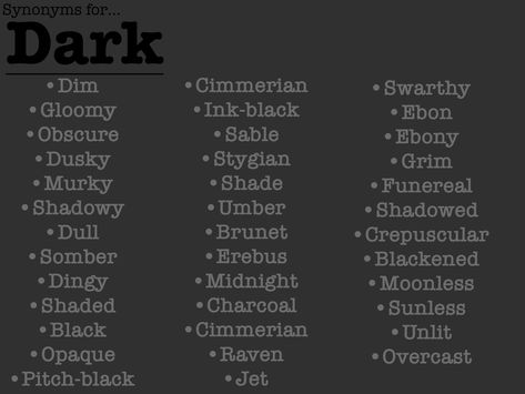 Synonyms For Gaze, Synonyms For Mysterious, Words For Black Color, Unique Descriptive Words, Grateful Synonyms, Writing Hair Description, Other Words For Creepy, Synonyms For Dark, Scary Words For Writing