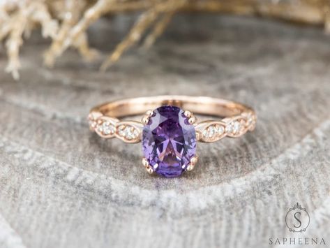 Vintage Oval Purple Sapphire Engagement Ring, Lab Sapphire Wedding Ring, Diamond Scalloped Rose Gold Band,oval Sapphire Art Deco Bridal Ring - Etsy Oval Purple Sapphire Ring, Saphire Wedding Ring, Purple Sapphire Engagement Ring, Purple Sapphire Ring, Engagement Rings Gold, Sapphire Wedding Ring, Sapphire Wedding Rings, Wedding Ring Diamond, Purple Sapphire