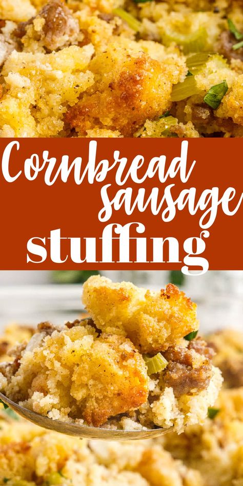 This cornbread sausage stuffing is a great holiday meal, but it's easy enough to whip up on weeknights too. Made with buttery cornbread, herbs, spices, and veggies, and tied together with the flavor of Italian sausage. Sausage Stuffing Thanksgiving, Cornbread Sausage Stuffing, Homemade Stuffing Recipes, Buttery Cornbread, Cornbread Stuffing Recipes, Sausage Cornbread Stuffing, Sausage Stuffing Recipe, Dressing Recipes Thanksgiving, Dressing Recipes Cornbread