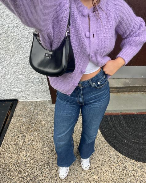 i’ll be wearing lilac all spring @sezane #sezane 💜🪁🪻 • • • • spring outfit ideas, spring outfit, spring outfits 2024, spring ootd, pinterest aesthetic, Pinterest outfit, outfit ideas, outfit inspo, outfit inspiration, ootd inspo, casual style, casual outfit ideas, everyday outfit #pinterestoutfit #pinterestaesthetic #springoutfitideas #casualoutfit #springfashioninspo #springfashiontrends #easyoutfit Lavender Cardigan Outfit Winter, Purple Winter Outfit Aesthetic, Lavender Outfits For Women, Purple Cardigan Outfits Aesthetic, Purple Cropped Cardigan Outfit, Lavender Sweater Outfit, Lilac Sweater Outfit, Chic Purple Spring Sweater, Cardigan Outfits Aesthetic