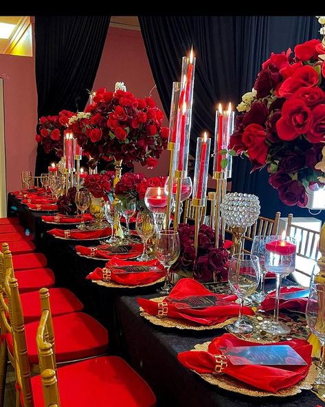 31st birthday dinner Decor by us! | Instagram Centerpieces Black And Gold, Burlesque Birthday Party, Birthday Dinner Decor, Red Rose Centerpieces, Dinner Party Decorations Table, Burlesque Birthday, 50th Birthday Celebration Ideas, Red Wedding Centerpieces, Moulin Rogue