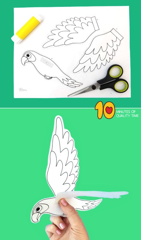 Parrot Coloring Page, Flying Parrot, Bird Paper Craft, Parrot Craft, Movie Crafts, Puppets For Kids, Parrots Art, Paper Crown, Puppet Crafts