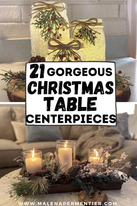 christmas table centerpieces - examples of different christmas centerpiece ideas for dining table and coffee table that are elegant and easy to diy Winter Centre Piece Ideas, Simple Christmas Centre Pieces, Diy Christmas Decorations Centerpieces, Christmas Centerpieces Candles, Easy Diy Christmas Table Decor, Dining Table Christmas Centerpiece Ideas, Centre Piece Christmas, Christmas Centerpiece For Coffee Table, Diy Centerpiece Christmas