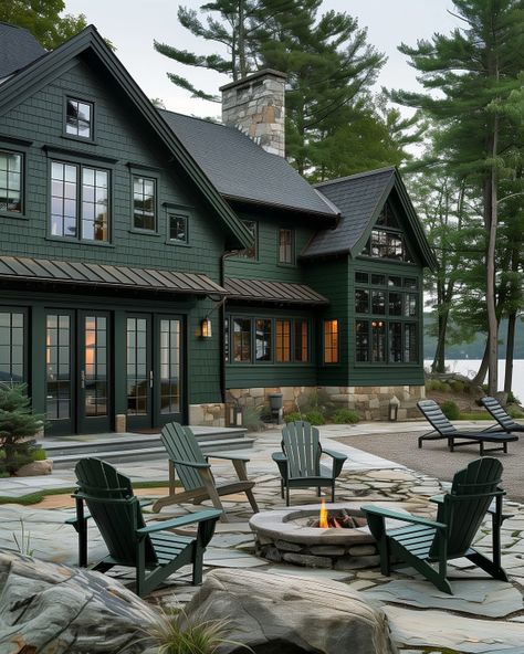 Emily Brownell (she/ her) (@gildedhearth) • Instagram photos and videos Maine Coastal Homes, Lake Cabin Exterior, Adirondack Architecture, Adirondack Cottage, Lakehouse Inspiration, Lake House Exterior, Cabin Paint Colors, Northwoods Cabin, Lakeside House