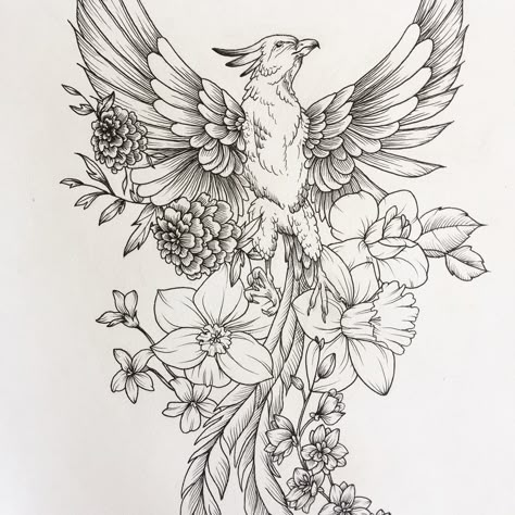 Swipe for detail pictures on my latest piece. This was such a fun challenge and I loved experimenting with some new animals! Feel free to send me new ideas! Thank you to all of the people who have admired or purchased my work. The support has been phenomenal! #art #feathers #tattoo #sketch #sketchbook #ink #line #pheonix #lion #flowers #blooms #bloom Phoenix Sketch, Phoenix Tattoos, Kunst Tattoos, Phoenix Tattoo Design, Tattoo Zeichnungen, Initial Tattoo, Phoenix Tattoo, Feather Tattoos, Amazing Artwork