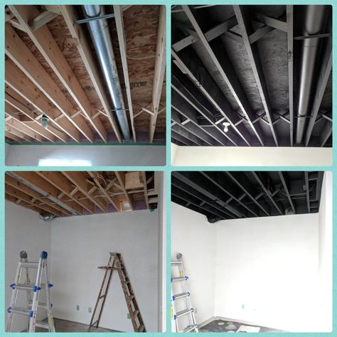 Unfinished basement ceiling, painted black. So easy to do! Unfinished Basement Ceiling, Basement Remodeling Diy, Low Ceiling Basement, Unfinished Basement Ideas, Basement Remodel Ideas, Basement Organization, Basement Remodel Diy, Basement Redo, Home Basement