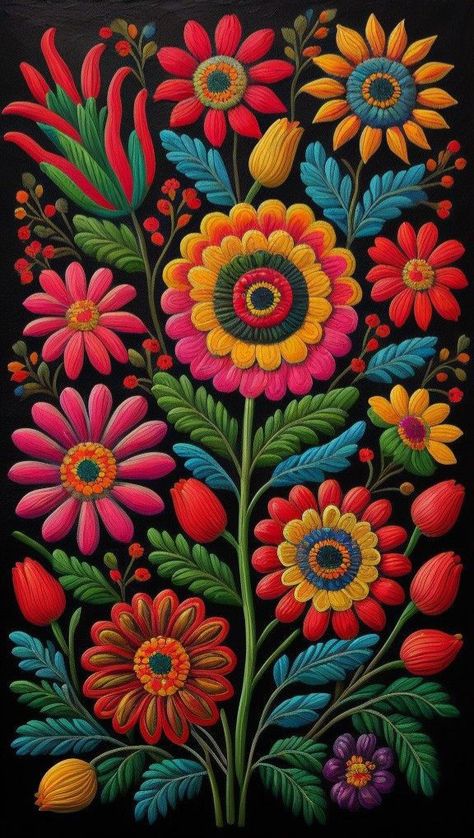 Mexican Folk Art Decor, Mexican Embroidery Designs, Mexican Art Painting, Mexican Folk Art Painting, Mexican Colors, Mexican Paintings, Arte Aesthetic, Mexican Pattern, Mexican Culture Art