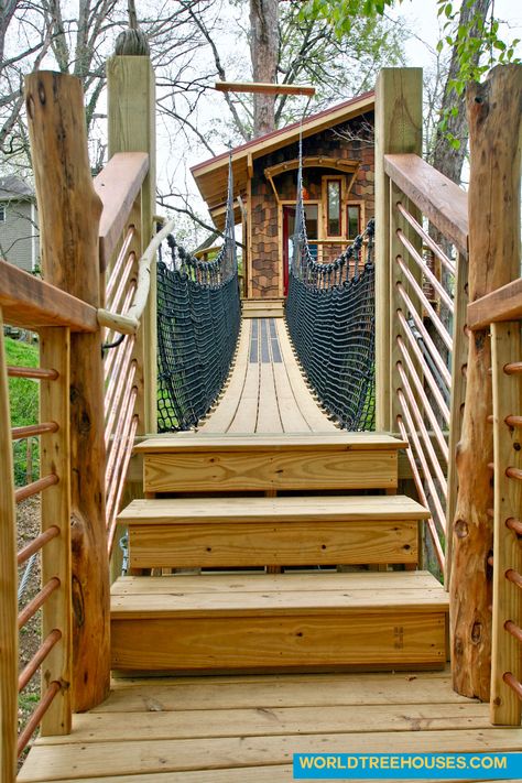 Cross the suspension bridge to this new downtown Asheville tree house that will be used as a retreat and artist's studio. We built the suspension bridge to cross the magical space between the owner's existing house's deck to the tree house, which is 25" high in two trees in her backyard. #treehouse #treelove #worldtreehouses #cabinporn Backyard Suspension Bridge, Tree House Bridge, Tree House With Bridge, Treehouse Bridge, Tree House Deck, Oregon Backyard, Adult Tree House, River Birch Trees, Backyard Treehouse