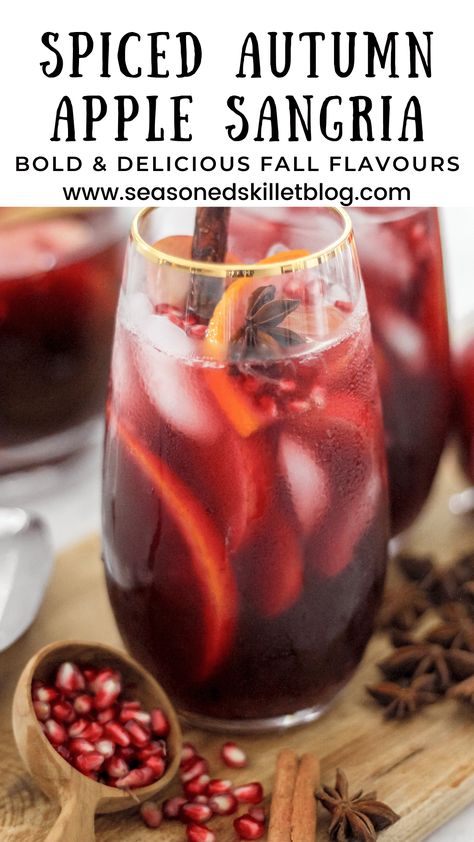 Spiced Autumn Apple Sangria is a boozy cocktail blend of Spanish red wine, brandy, fresh seasonal Autumn fruits like apples, pomegranate, oranges & infused with star anise and cinnamon sticks! Say hello to your new favourite and easiest big-batch cocktails you can make, giving all the delicious and cozy Fall season feels! Fall Sangria Recipes Red, Brandy Sangria, Fall Sangria Recipes, Spanish Red Wine, Red Sangria Recipes, Autumn Fruits, Red Wine Sangria, Apple Sangria, Fall Cocktails Recipes