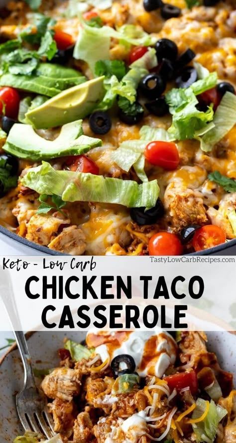 Low Carb Chicken Taco Casserole is a filling dinner recipe for the whole family. Cauliflower rice and chicken with all the taco flavor and toppings. #casserolerecipes #tacocasserolerecipes #lowcarbrecipes #ketorecipes Chicken Taco Casserole, Healthy Low Carb Dinners, Low Carb Low Fat Recipes, Low Carb Dinners, Filling Dinner, Taco Casserole, Chicken Taco, Low Carb Diet Recipes, Health Dinner