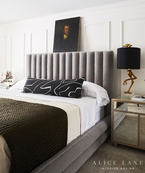 Modern Luxurious Master Bedroom Interior Design | Grey, Black, Olive Green, And Brass | Channel Tufted Bed Interior Design Dining, Velvet Headboard, Classic Kitchen, Interior Design Photos, Luxury Bedroom Master, Furnishings Design, Floor Design, Decor Accessories, Cheap Home Decor