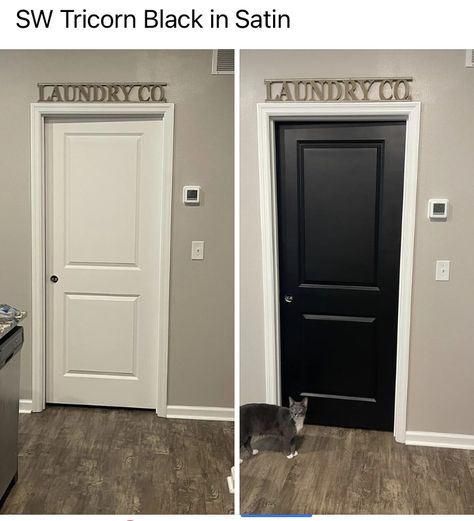 Black Hallways Doors, Black Doors Inside House, Black Accent Doors Interior, Tan Walls Black Doors, Black Kitchen Doors, Hallway And Door Paint Colors, Matte Black Interior Doors, Matte Black Doors Interior, Beige Walls Black Doors