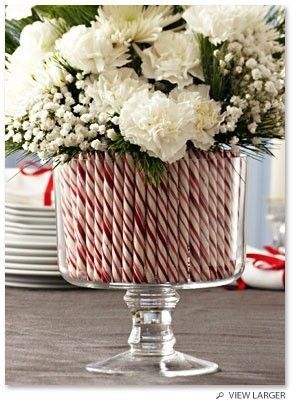 candy flower vase - an easy way to decorate for Christmas Easy Holiday Decorations, Candy Cane Christmas, Christmas Centerpiece, Holiday Centerpieces, Simple Holidays, Noel Christmas, Holiday Inspiration, Candy Canes, Trifle