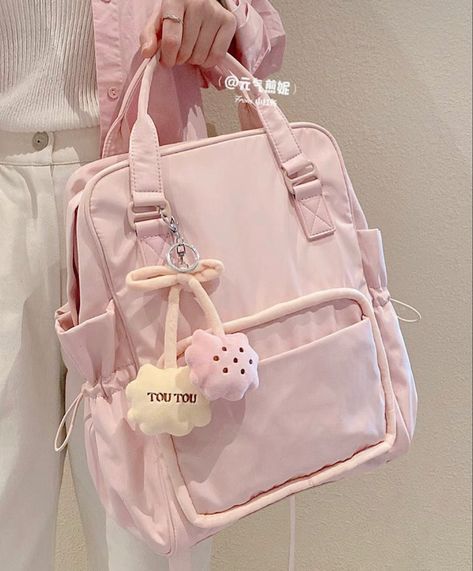 Pink School Bags, Kotak Bento, Pastel Backpack, Korean Bags, Pastel Bags, White Keychain, Korean Bag, Cute Suitcases, Cute School Bags