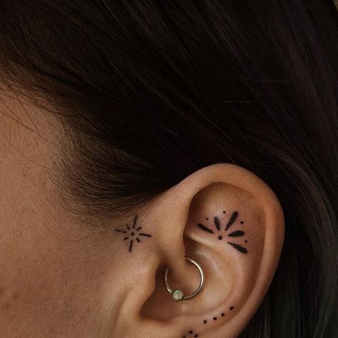 Tattooed Ear, Outside Ear Tattoo, Behind Ear Tattoo Mandala, Traditional Ear Tattoo, Ear Fine Line Tattoo, Around The Ear Tattoo, Henna Ear Tattoo, Small Neck Tattoos For Women Side, On Ear Tattoo