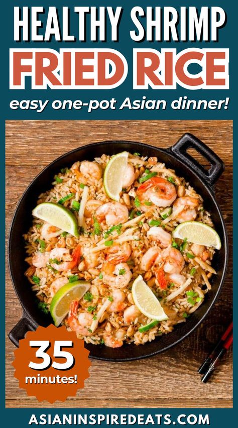 overhead shot of a black wok filled with fried rice, veggies and shrimp Shrimp Fried Rice Easy, Healthy Shrimp Fried Rice, Asian Family Dinner, Traditional Asian Food, Shrimp Fried Rice Recipe, Fried Rice Recipes, Asian Family, Family Dinner Recipe, Healthy Asian Recipes