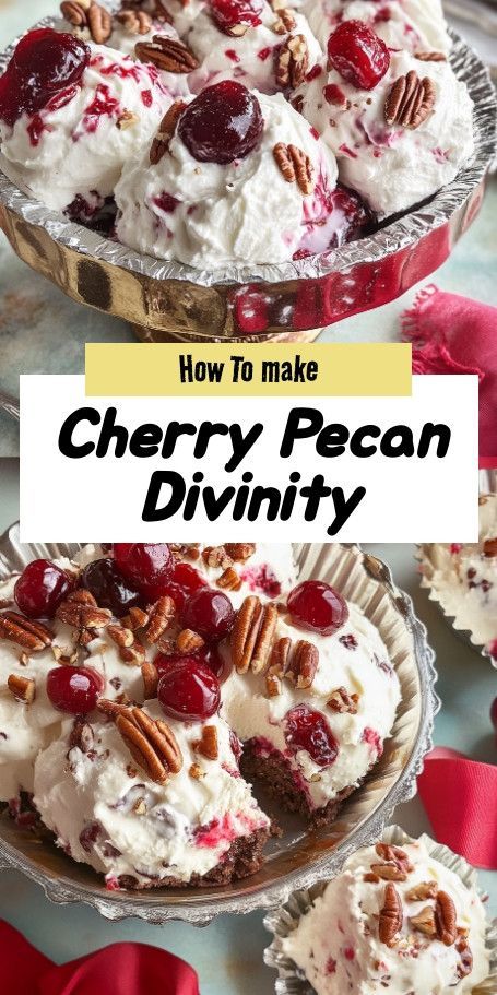 Cherry Pecan Divinity Recipe: Nostalgic Sweet Treat Indulge in the classic flavors of Cherry Pecan Divinity Delight. Perfect for special occasions, this light and airy candy combines cherries and pecans for a chewy, irresistible treat. ..... Cherry Divinity Recipe, Pecan Divinity Recipe, Cherry Divinity, Easy Divinity Recipe, Pecan Divinity, Candied Cherries Recipe, Cherry Mash Candy Recipe, Dried Cherry Recipes, Divinity Recipe