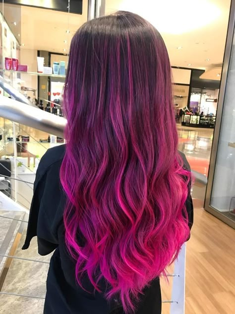 Hot Pink Hair Balayage, Black To Hot Pink Ombre Hair, Long Hair Pink Highlights, Dark Pink Hair With Light Pink Highlights, Dark To Light Pink Hair, Balayage Hair Fun Colors, Black And Pink Balayage, Pink And Magenta Hair, Pink Bolyoge Hair